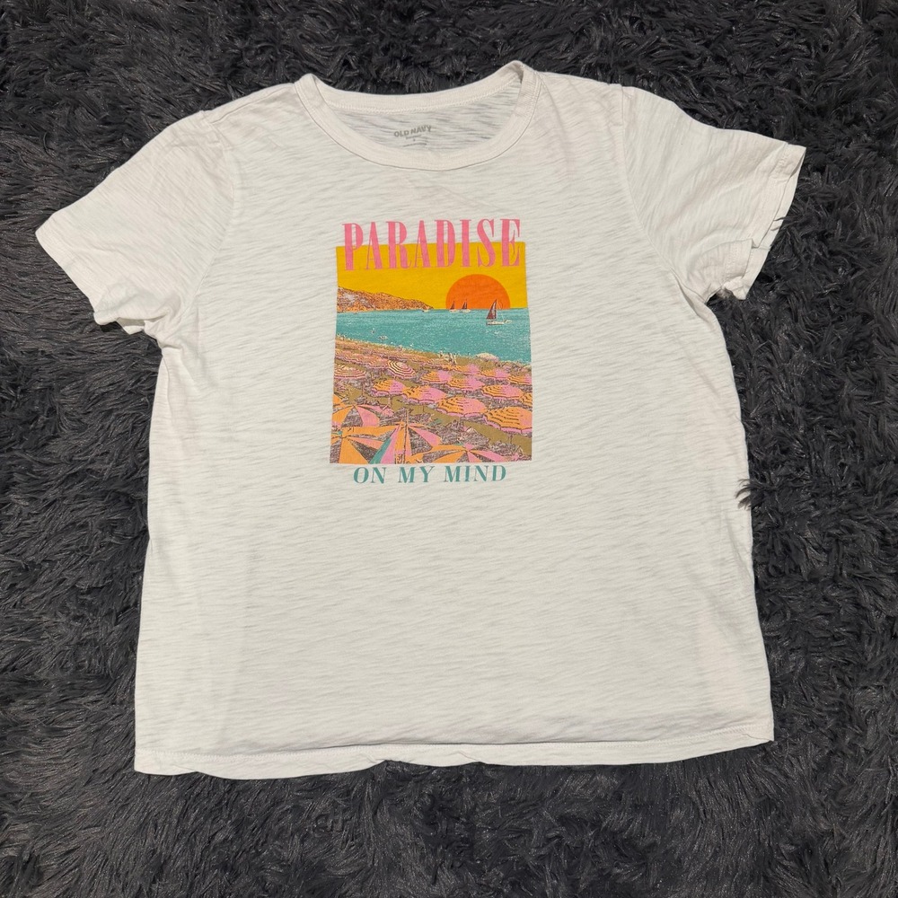Old Navy EveryWear Paradise On My Mind Graphic Tee White Slub Knit Small